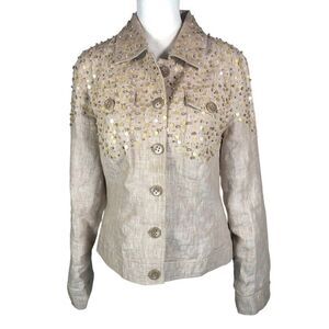 Just B Women’s Tan100% Linen Jacket M Pearls Beaded Sequins Spring